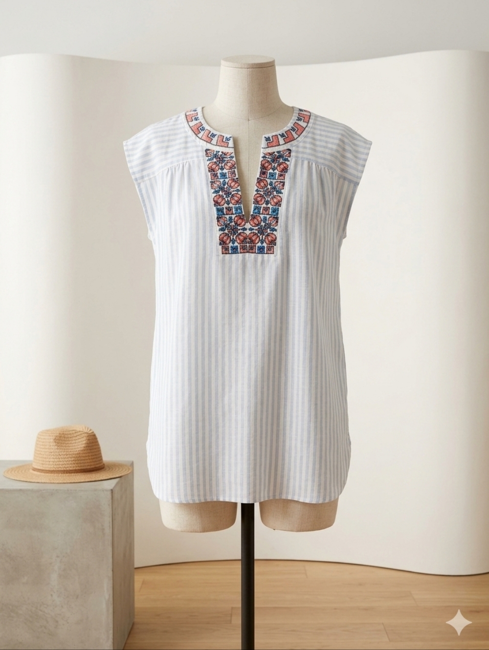 Madewell Embroidered Boho Tunic Blue White Stripe Beach Swim Cover Up Small
